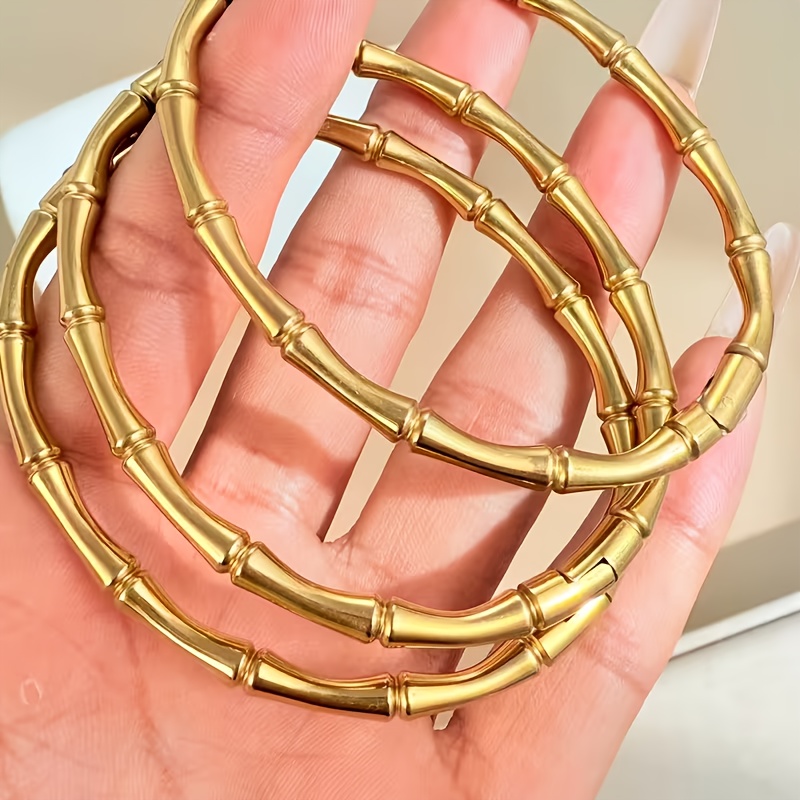 3pc Bamboo Joint Golden Bangle Set, 18K Plated